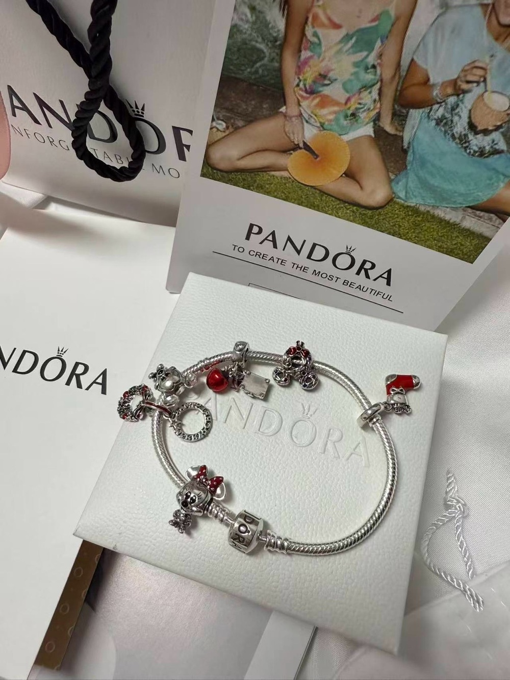 Pandora Silver Charm Bracelet with Red and Silver Accents